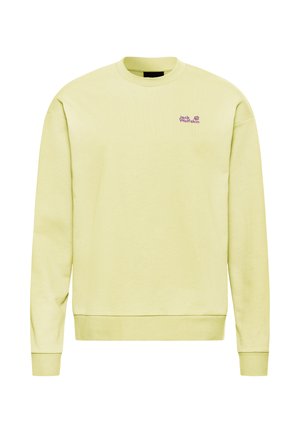 Lichtgele trui met ronde hals, geribbelde manchetten en zoom, met een klein paars logo op de linkerborst.