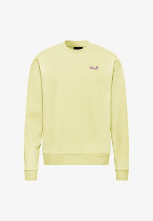 Lichtgele trui met ronde hals, geribbelde manchetten en zoom, met een klein paars logo op de linkerborst.