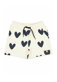 Bomullsshorts med krämfärgad bakgrund och marinblå hjärttryck, med dragsko i midjan och sidofickor. Märkesetikett vid fållen.