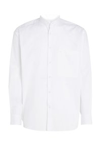 Witte blouse met lange mouwen en een bandkraag, met een knoopsluiting aan de voorkant en een enkele borstzak. Gemaakt van soepel katoen.