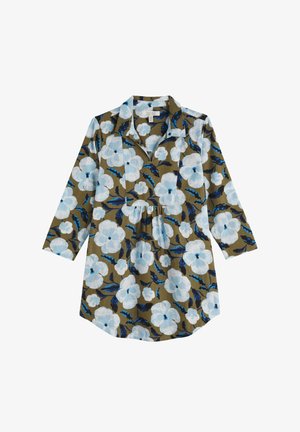 Rochie verde cu mânecă lungă, cu un model floral mare albastru și alb, cu guler și detalii în talie adunate.