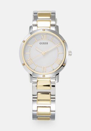 Silver and gold-tone stainless steel watch with a round face, Roman numerals, and a textured silver dial. Adjustable link bracelet.