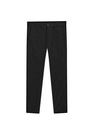 Zwarte chino's met een recht gesneden ontwerp, gemaakt van zachte stof. Voorzien van een knoopsluiting, riemlussen en zijzakken. Glad textuur.
