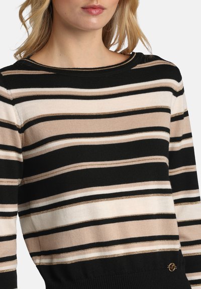 Svītraina džemperis ar melnām, bēšām un baltām horizontālām svītrām ar zelta akcentiem. Ribiņveida izgriezums un apakšmalas detaļa.