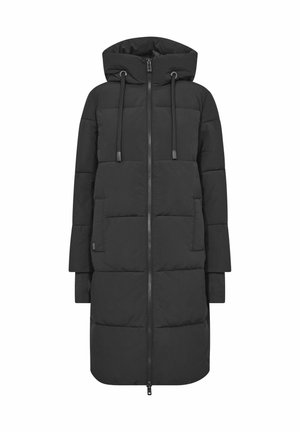 Schwarze gefütterte Jacke mit Kapuze, ausgestattet mit einem Reißverschluss vorne, Kordelzügen und Seitentaschen; gestepptes Design mit glatter Textur.