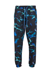 Sorte joggers med et levende blå- og grønne abstrakt mønster, elastisk talje med snor og tætsiddende cuffs.