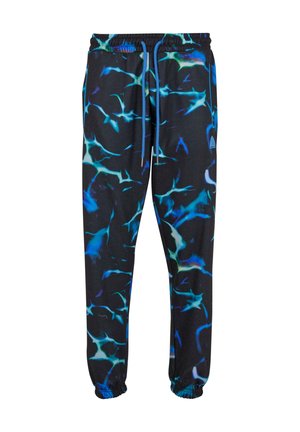 Zwarte joggers met een levendig blauw en groen abstract patroon, elastische tailleband met trekkoord en taps toelopende manchetten.