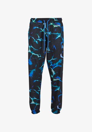 Fekete sportnadrág vibráló kék és zöld absztrakt mintával, elasztikus derékpánttal, húzózsinórral és szűkített szárakkal.