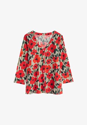 Blumenbluse mit roten Mohnblumenmustern, grünen Blättern und gestreiftem Hintergrund. V-Ausschnitt, Dreiviertelärmel und Knopfdetails.