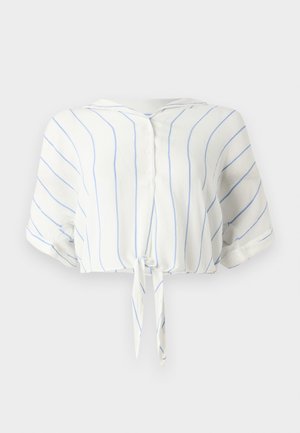 Witte blouse met korte mouwen, voorzien van blauwe verticale strepen, een strikdetail aan de voorkant en een knoopsluiting bij de hals. Zacht, lichtgewicht materiaal.