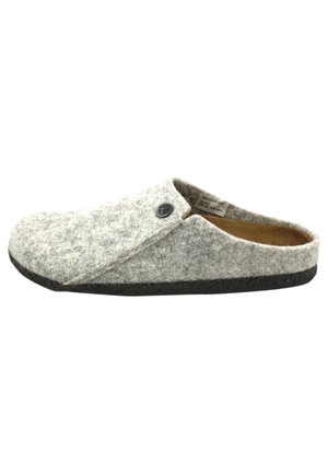 Gray felt slip-on slippers with a black rubber sole. Features a button accent and a soft inner lining for comfort. Simple, minimalist design.