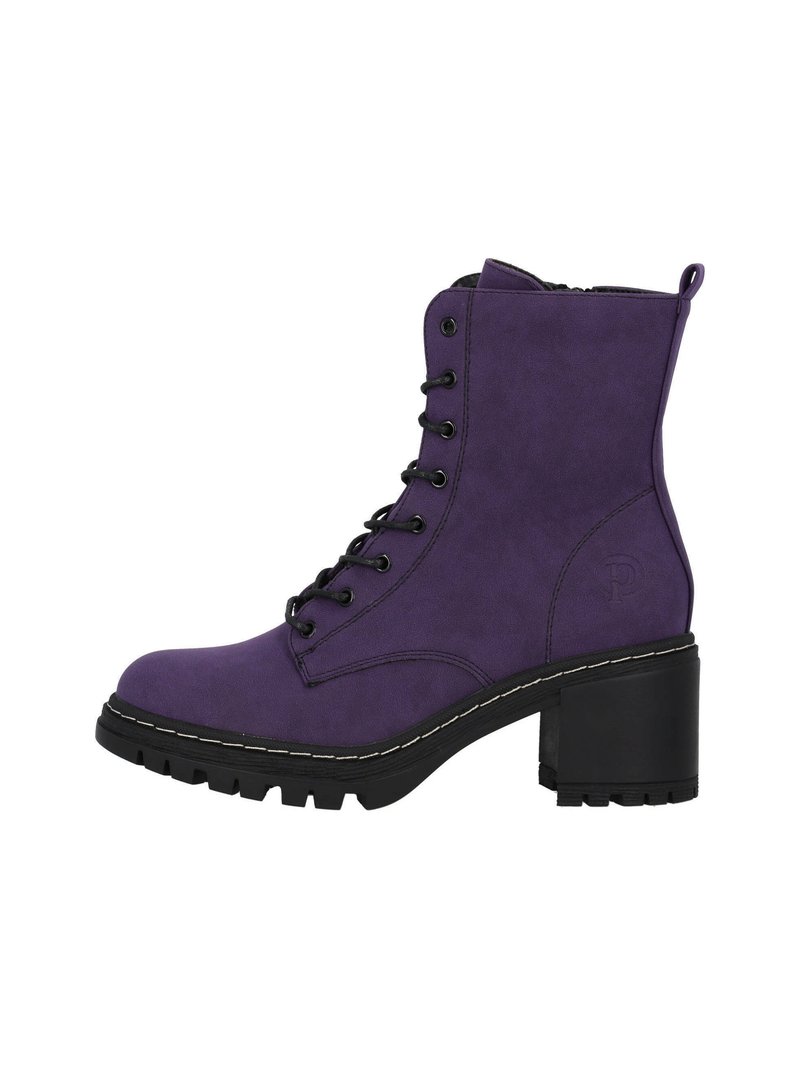 Stivale alla caviglia in suede sintetico viola con suola nera a tacco grosso, chiusura con lacci davanti e cerniera laterale. Presenta una stampa del logo sul lato esterno.
