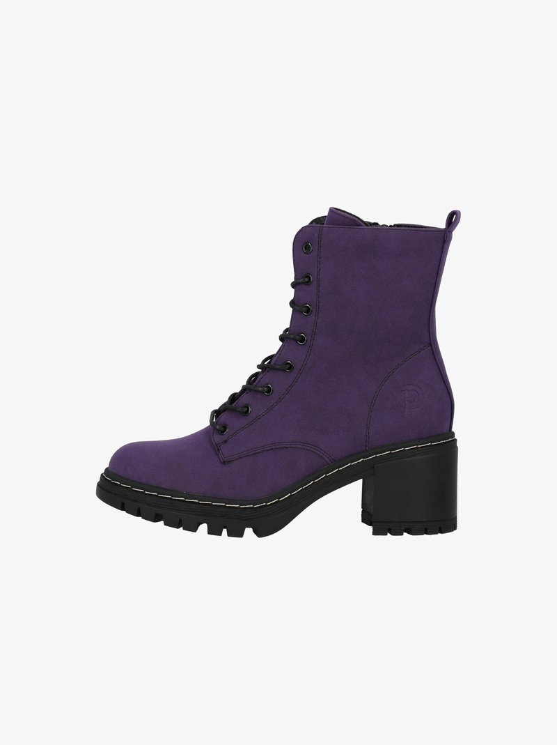 Stivale alla caviglia in suede sintetico viola con suola nera a tacco grosso, chiusura con lacci davanti e cerniera laterale. Presenta una stampa del logo sul lato esterno.
