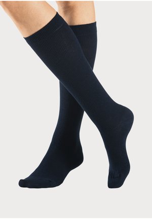 Knee-high, navy blue socks with a ribbed texture, made of a soft material. Designed with reinforced toes and smooth cuffs.