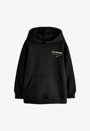 Juodas švarkas iš minkštos medžiagos, su priekiniais kišeniais, su raišteliu reguliuojamu gobtuvu ir "ALLSAINTS" logotipu aukso akcentu. Lygus paviršius, laisvas kirpimas.