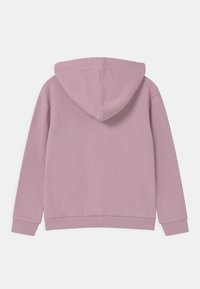 Rosa Kapuzensweatshirt mit weicher Textur, langen Ärmeln, abgerundetem Saum und einer Kordelzugkapuze, die ein minimalistisches Design aufweist.