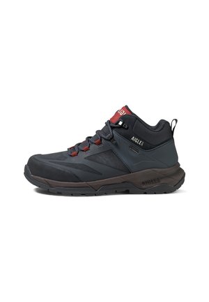 Schwarz-gelber Mid-Cut-Wanderschuh mit roten Akzenten, ausgestattet mit einer strukturierten Oberseite, einem Schnürsystem und einer Gummisohle für Langlebigkeit und Grip.