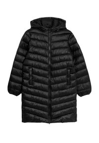 Cappotto imbottito nero con design a righe orizzontali, cappuccio, chiusura con zip completa e due tasche laterali. Tessuto liscia e lucido.