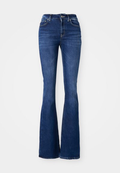 Mørkeblå flagrende jeans med høy midje, laget av denim, med kontraststing og en frontlukking med knapp.