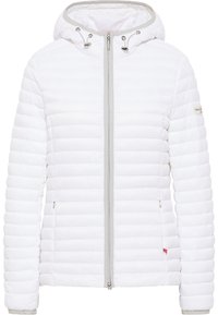 Biała pikowana kurtka z kapturem, z przednim zamkiem błyskawicznym, kapturem ze ściągaczem i bocznymi kieszeniami na suwak.