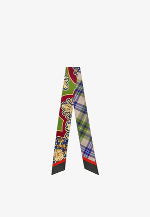 Kleurrijke zijden sjaal met een mix van sierlijke patronen in groen, rood, blauw en goud, met een ruitjesgedeelte in groene en blauwe tinten.