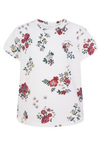 White short-sleeve shirt with scattered red, yellow, and purple floral patterns and small green leaves printed all over.
