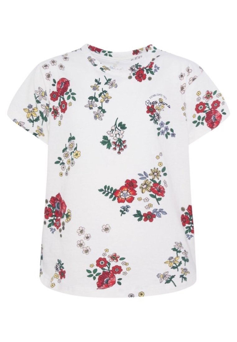 White short-sleeve shirt with scattered red, yellow, and purple floral patterns and small green leaves printed all over.