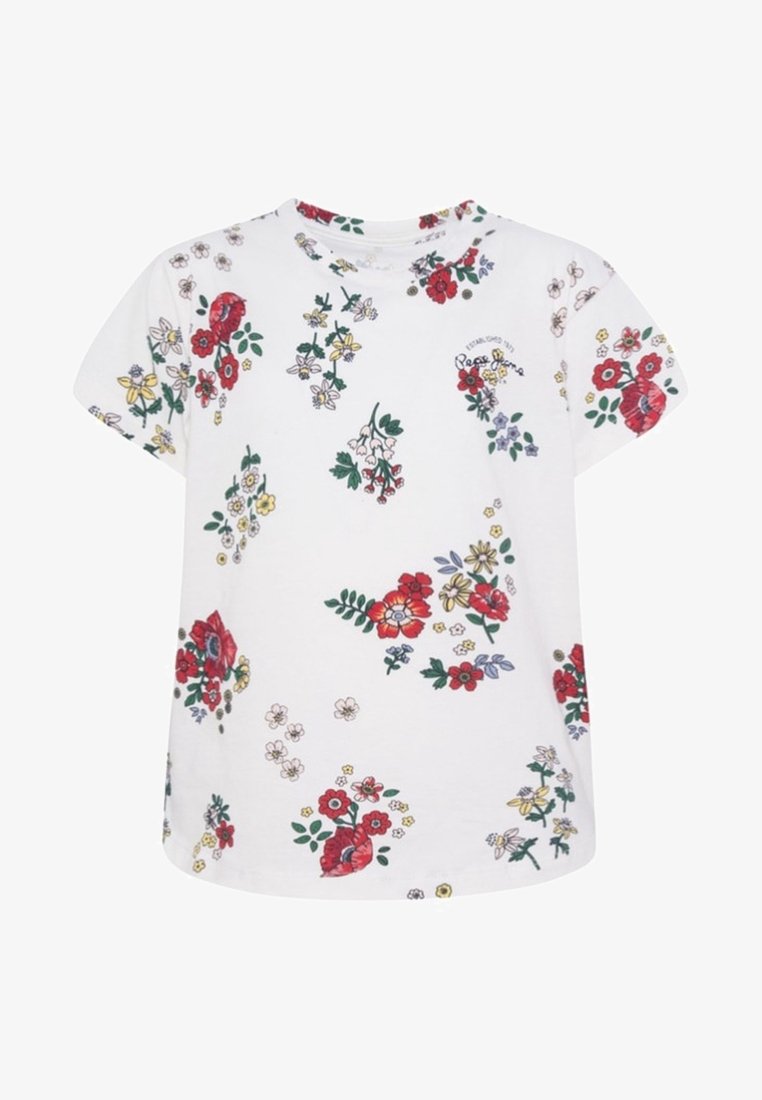 White short-sleeve shirt with scattered red, yellow, and purple floral patterns and small green leaves printed all over.