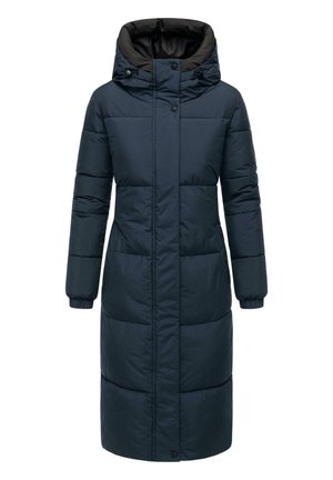 Langer, dunkelblauer Puffermantel mit Kapuze, ausgestattet mit einem Frontreißverschluss, Druckknöpfen und elastischen Bündchen für zusätzliche Wärme.