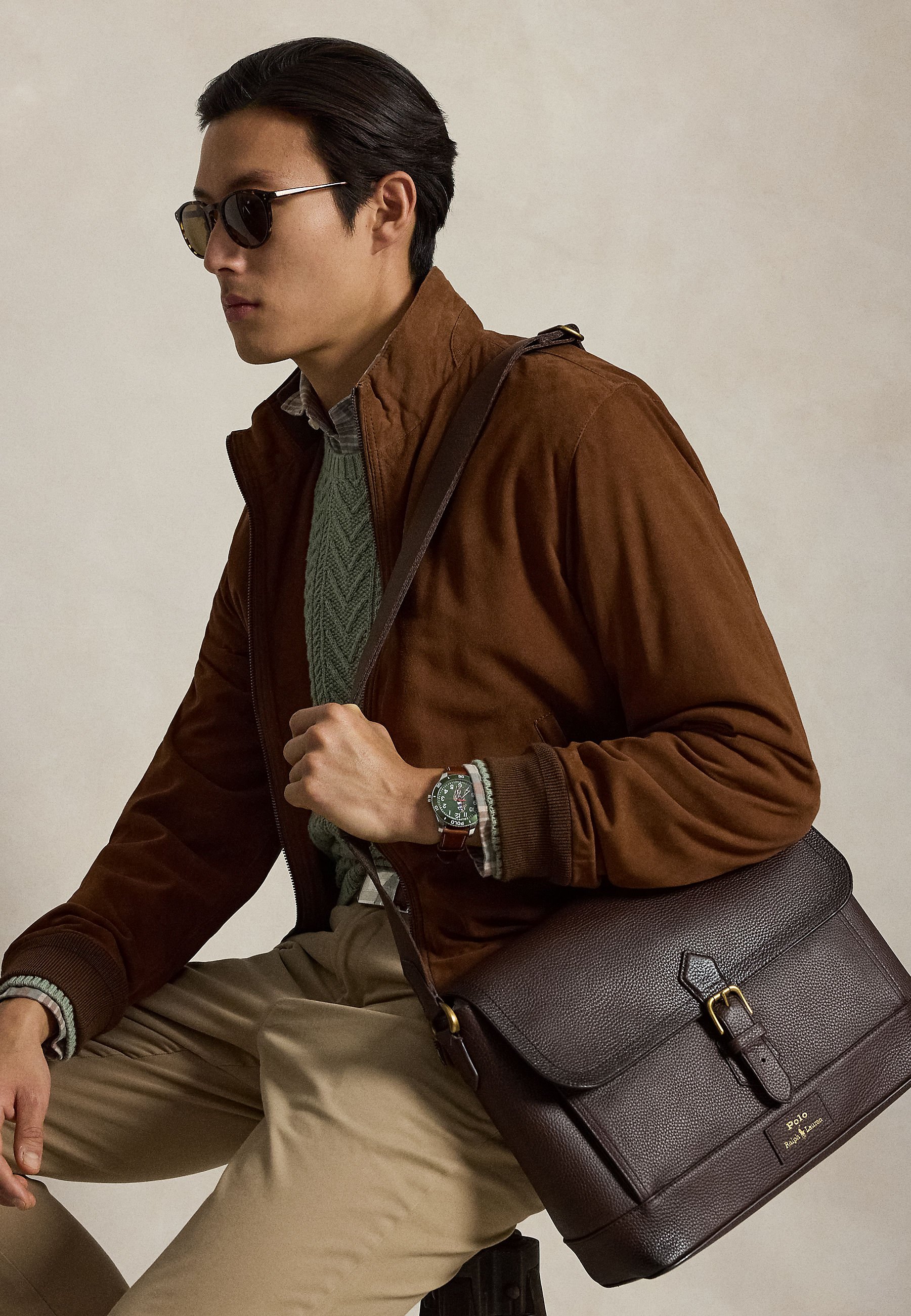 Polo Ralph Lauren PEBBLED LEATHER MESSENGER BAG - Sac bandoulière