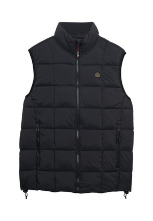 Sort quiltet, ærmeløs dunvest med høj krave, lynlås foran, to lynlåslommer i siderne og lille sekskantet logo på brystet.