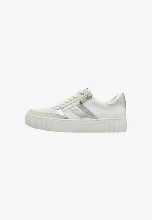 White sneakers with a textured mesh toe, metallic gray stripes, smooth leather accents, and a thick rubber sole. Side zipper detail included.