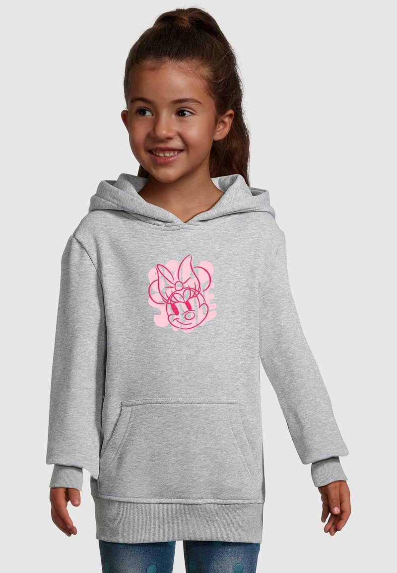 Šedá mikina s oversized střihem, která má růžový grafický potisk. Obsahuje velkou přední kapsu a kapuci se stahovací šňůrkou.