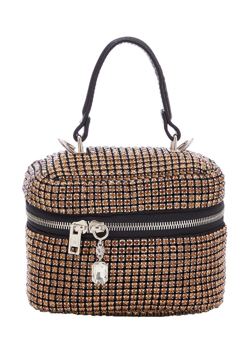 Kleine rechteckige Handtasche mit schwarzem Ledergriff, verziert mit goldenen und bronzefarbenen Strasssteinen, verfügt über einen Reißverschluss und einen dekorativen Anhänger.