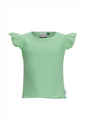 T-shirt verde chiaro a righe con maniche corte a volant, scollatura rotonda e orlo scallop. Presenta un piccolo logo in rilievo sul davanti.