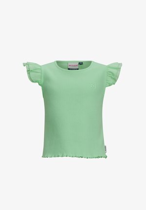 T-shirt verde chiaro a righe con maniche corte a volant, scollatura rotonda e orlo scallop. Presenta un piccolo logo in rilievo sul davanti.