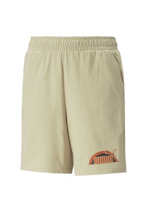 Krótkie spodenki khaki z elastycznym pasem, bocznymi kieszeniami oraz nadrukowanym pomarańczowo-czarnym logo Puma w zakrzywionym wzorze na lewej nogawce.