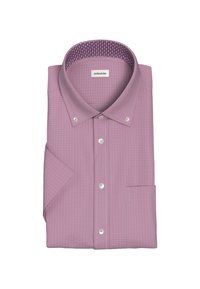 Camicia di un delicato colore viola con tessuto testurizzato, colletto con bottoni e colletto interno a fantasia. Presenta una tasca sul petto sinistro e bottoni bianchi.