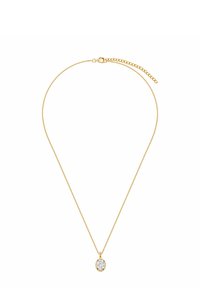 Złoty naszyjnik z łańcuszkiem, z owalnym wisiorkiem z jednym błyszczącym, przezroczystym kamieniem. Łańcuszek ma delikatny wzór i regulowaną długość.