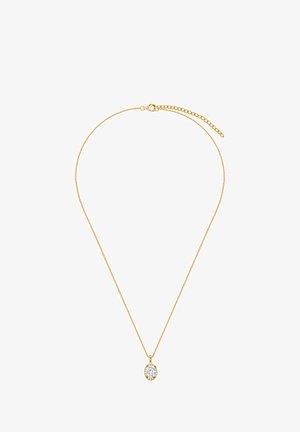 Złoty naszyjnik z łańcuszkiem, z owalnym wisiorkiem z jednym błyszczącym, przezroczystym kamieniem. Łańcuszek ma delikatny wzór i regulowaną długość.