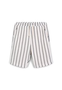 Pantaloni corti a righe realizzati in tessuto leggero; bianchi con strisce verticali blu navy, con vita elastica e tasche laterali.