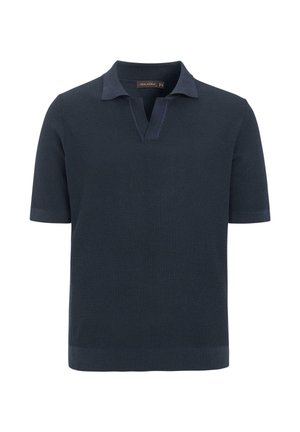 Marineblaues Polohemd mit kurzen Ärmeln aus strukturiertem Stoff und weiter Kragen mit V-förmigem Ausschnitt sowie gerippten Bündchen und Saum.