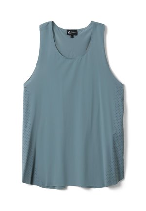 Camiseta deportiva sin mangas de color azul claro con paneles laterales perforados y escote redondeado, etiquetada como talla pequeña.