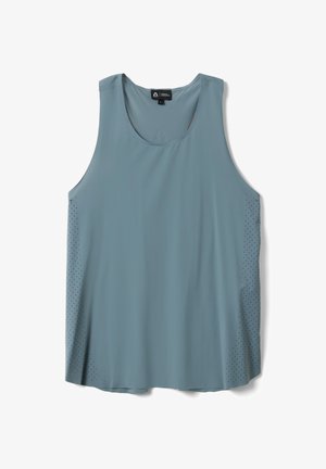 Mouwloze lichtblauwe sporttanktop met geperforeerde zijpanelen en een ronde halslijn, gemarkeerd als maat small.