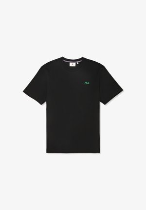 Sort kortærmet t-shirt lavet af bomuld, med rund hals og et lille grønt FILA-logo på brystet. Blød tekstur og klassisk pasform.
