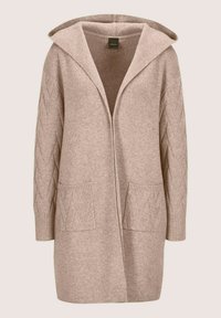 Langer beiger Strickcardigan mit Kapuze, offenem Front, gemusterten Stricktaschen und strukturierten Ärmeln mit Zickzackdesign.