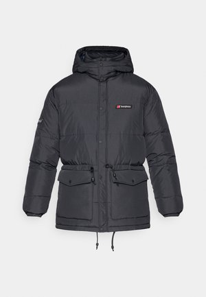 Jachetă pufuriță neagră cu glugă, având închidere cu fermoar și capse, două buzunare frontale, şnur la talie și detaliu cu logo pe piept.