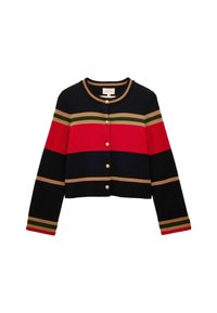 Gestickte gekürzte Strickjacke mit horizontalen Streifen in Rot, Marineblau, Grün und Beige, mit goldfarbenen Knöpfen und rundem Halsausschnitt.