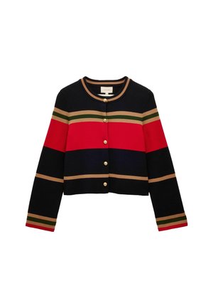 Knitted cropped cardigan featuring horizontal stripes in red, navy, green, and beige, with gold-colored buttons and a round neckline.
