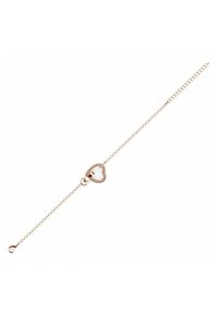 Bracciale in oro rosa con un fermaglio a forma di cuore impreziosito da piccoli cristalli lungo il bordo esterno, caratterizzato da un design di catena delicata.